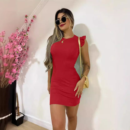 Women's Fashion Round-Neck Ruffle Slim-Fit Dress
