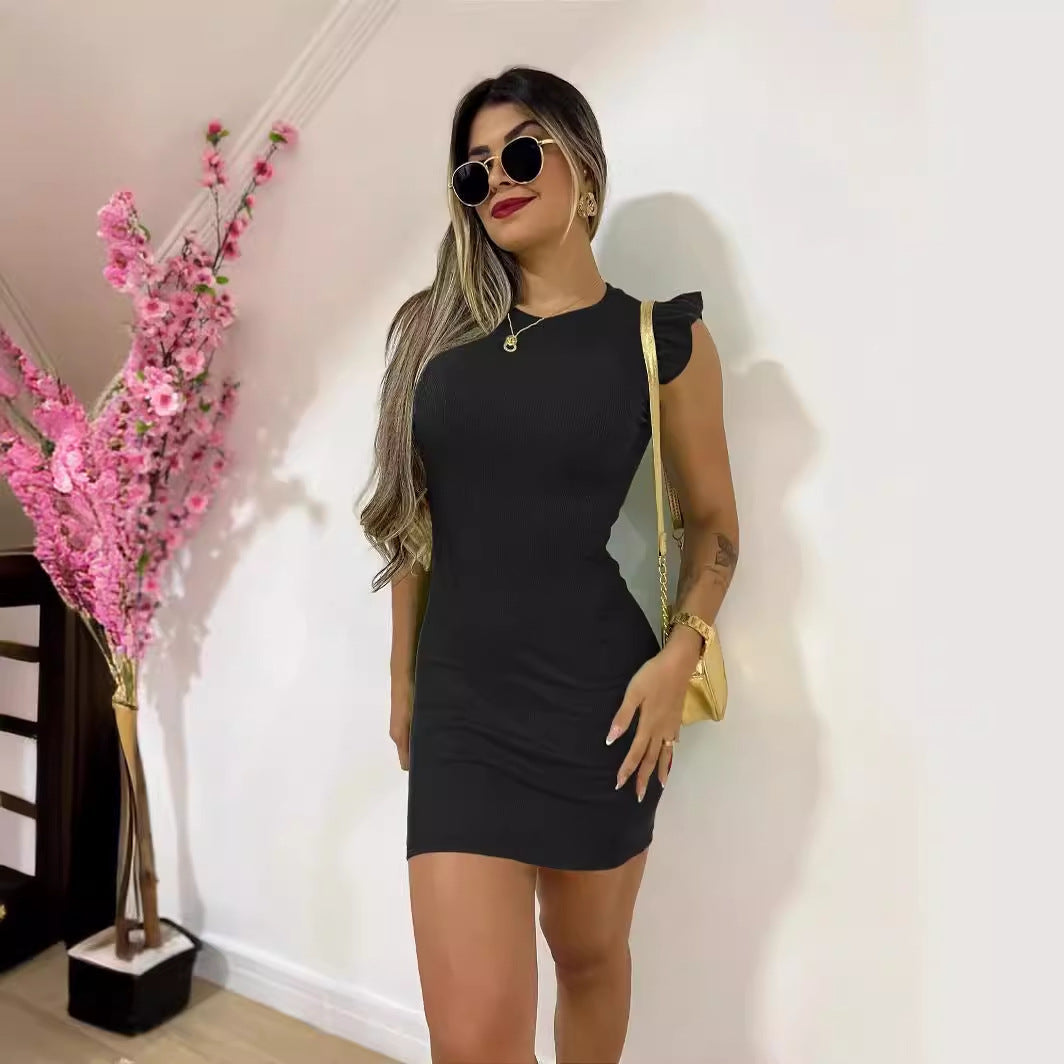 Women's Fashion Round-Neck Ruffle Slim-Fit Dress