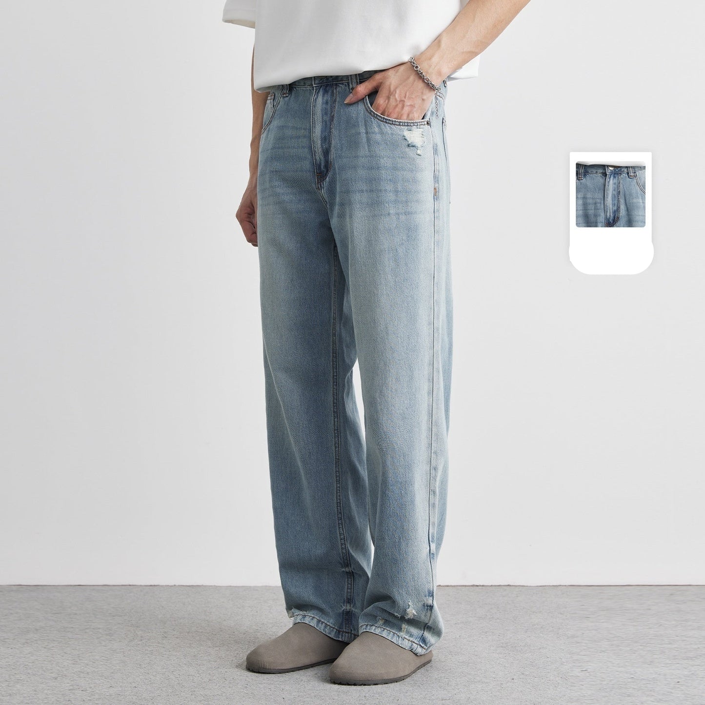 Light-Wash Men's Ripped Straight-Leg Jeans