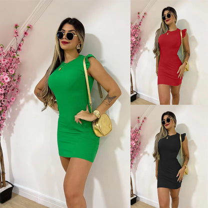 Three images of a woman wearing green, red, and black dresses with sunglasses and a gold handbag.
